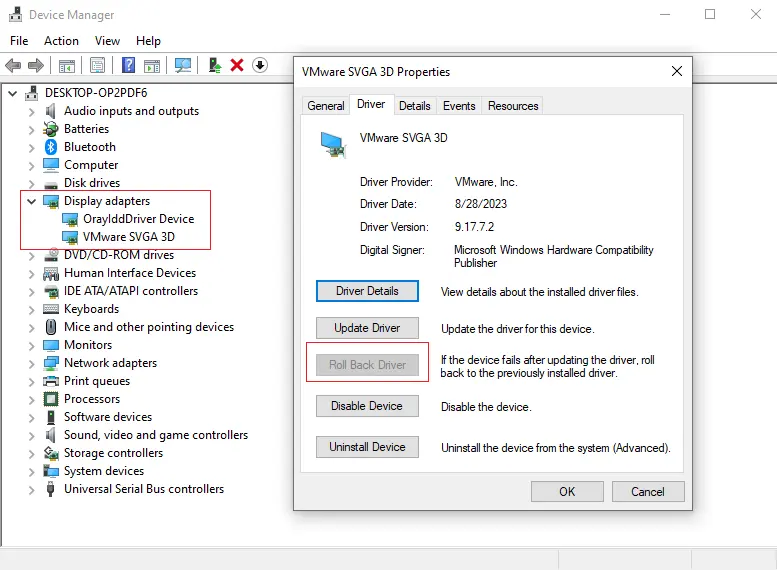Roll back the driver in Device Manager