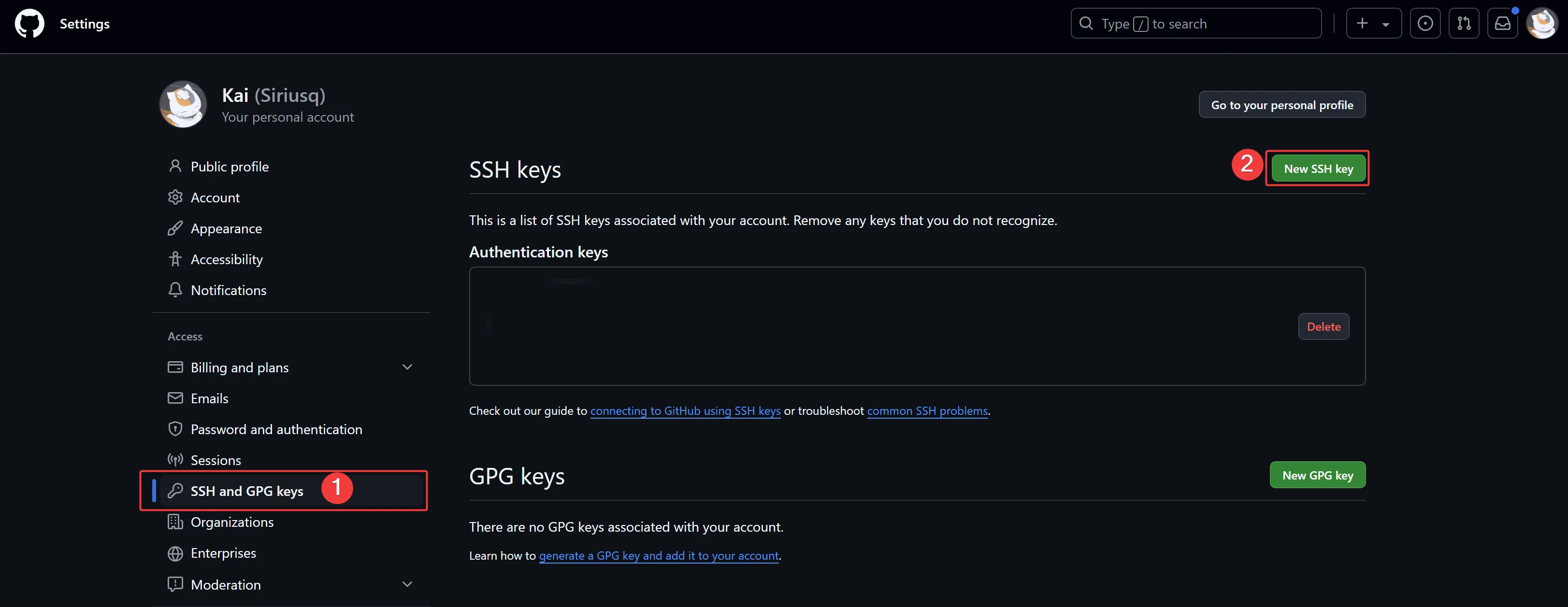 Click your profile photo in the top right corner → Settings → SSH and GPG keys in the sidebar → New SSH key button in the top right