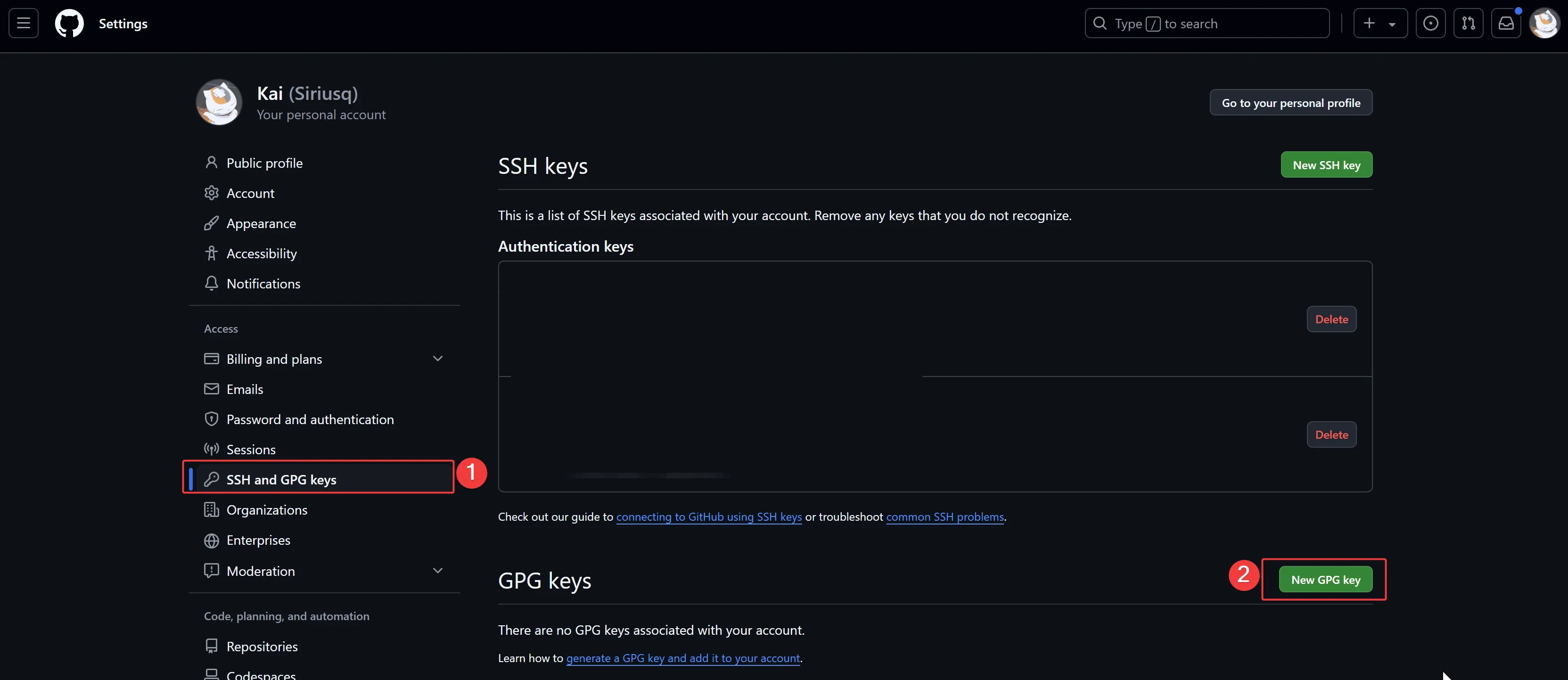 Click on your profile photo in the upper-right corner → Settings → SSH and GPG keys in the left sidebar → New GPG key button on the right