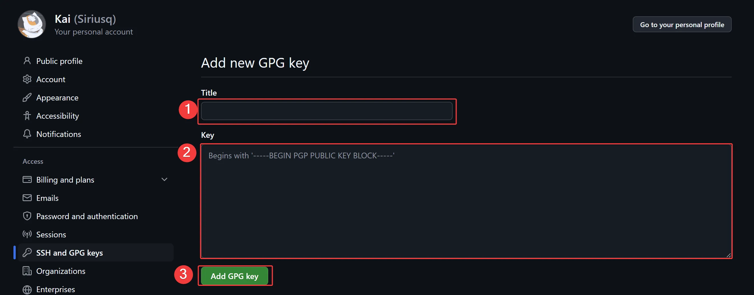 In the Title field, give your new signing key a label to help identify it across devices. In the Key field, paste the GPG public key you copied. Finally, click Add GPG key to complete the addition