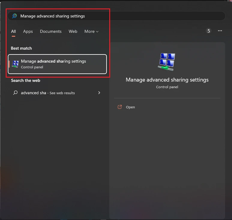 Search manage advanced sharing settings