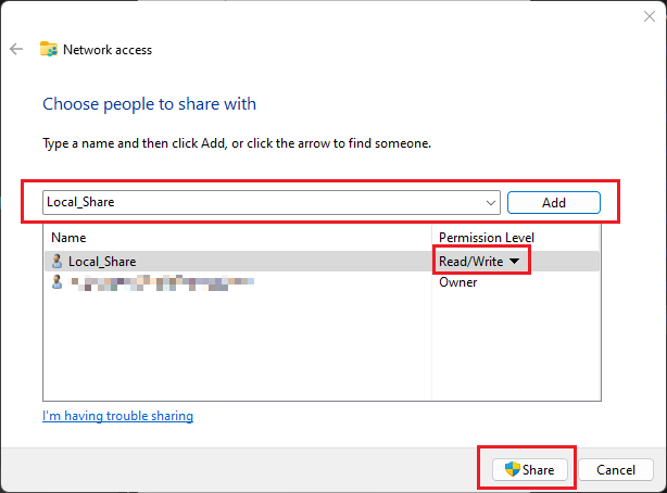 Add user and adjust the permission level