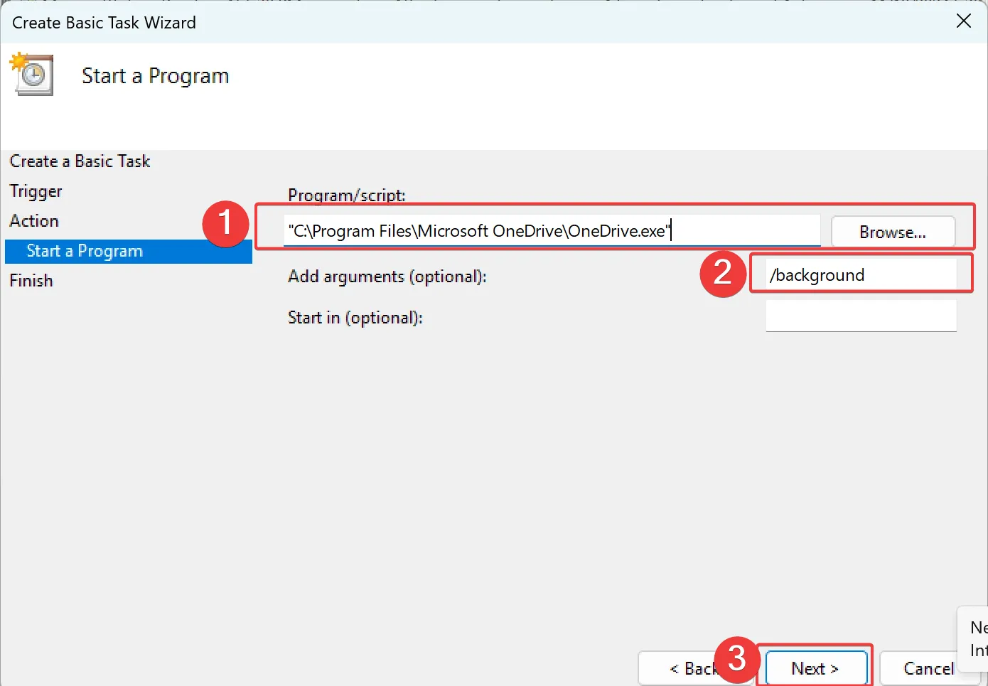 6. In Program/script, browse or directly paste 