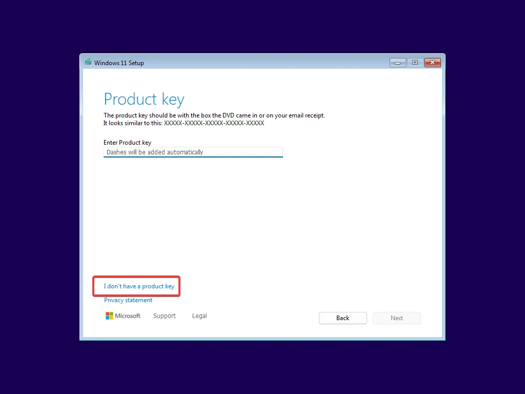 Click I don't have a product key