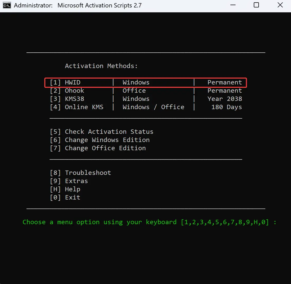 In the popup window, input 1 to proceed with the HWID digital license activation