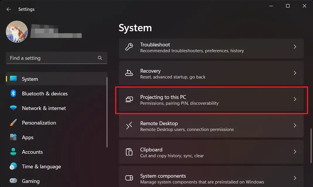 Return to the System page, and open Projecting to this PC