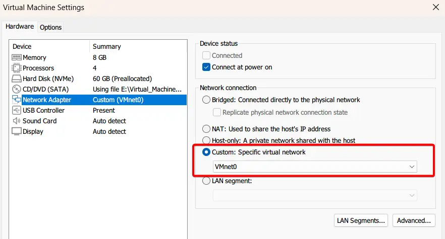Change the Network Connection mode to Custom: Specific virtual network, then select the network you added in Step 4